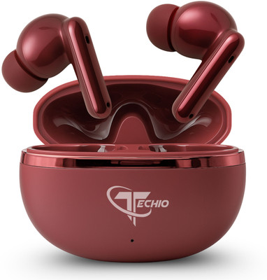 TECHIO QuickCharge TurboPods Wireless Earbuds with 40Hr Playback & Clear Mic Bluetooth(Red, True Wireless)
