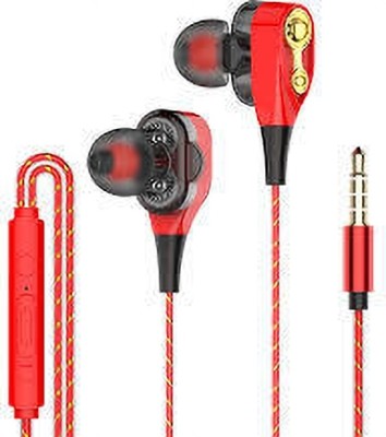 Anshi Dual Speaker 4D Deep Bass Wired earphone Wired Headset headphone Wired Headset(Red, In the Ear)