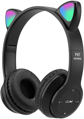 DAEMON Kids/Adults Headphones Wireless, Girls Boys Bluetooth Headset Cat Look Bluetooth & Wired(Black, On the Ear)