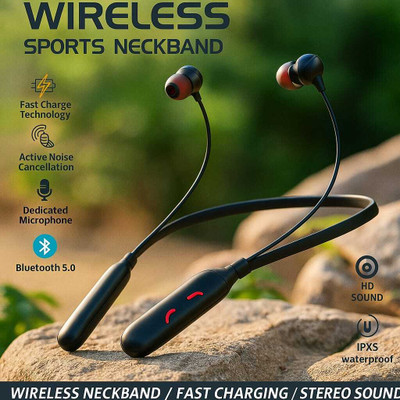 FEELOOK Wireless Bluetooth Neckband Earphone Fast Charging Magnetic Earbud Long Battery Bluetooth(Black, In the Ear)