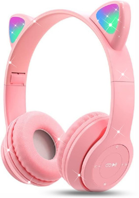 DAEMON Kids/Adults Headphones Wireless, Girls Boys Bluetooth Headset New Cat Look Bluetooth & Wired(Pink, On the Ear)