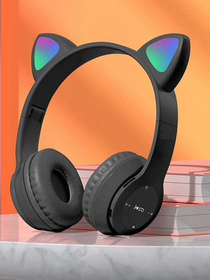 Techpunch Best Cat Design Headphones for Girls Foldable Headset with Microphone Bluetooth(Black, On the Ear)