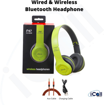 icall P47 -Wired & Wireless Super Extra Bass Bluetooth(Green, True Wireless)