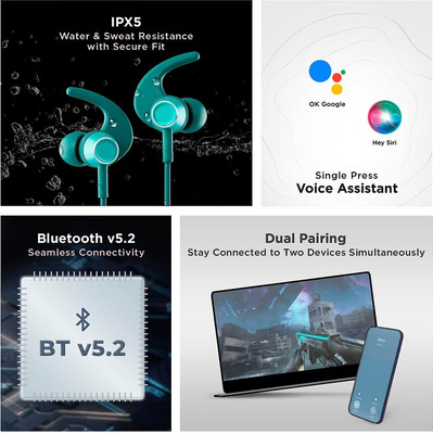 XEWISS Bluetooth5.1 36 Hours Music & Talk-Time; 300 Hours Stand by Time Neckband Bluetooth Gaming((Green, HighBass, Immersive LED Lights, In the Ear), In the Ear)