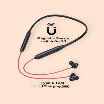 house of common Upto 50 Hours Playtime*, Fast Charging, Dual Pairing Bluetooth Neckband _FU Bluetooth & Wired(Red, In the Ear)