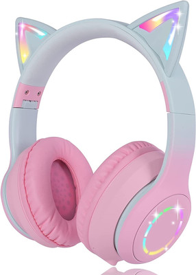 DAEMON Kids Foldable Headset with Microphone, Girls/Boys Cat Bluetooth Headphone Bluetooth & Wired(Pink, On the Ear)