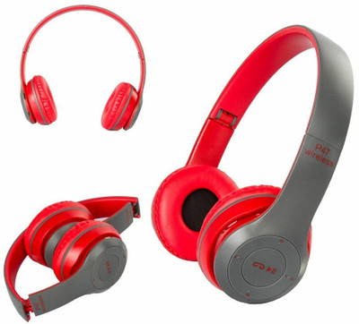 Worricow High Bass Bluetooth Wireless Ajustable Over-Ear Headset with Aux Support Bluetooth(Red, On the Ear)