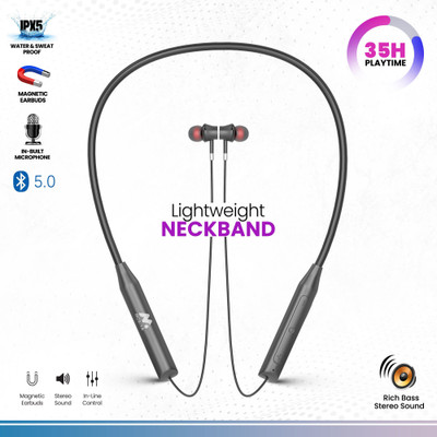 AAMS M-106 Series 5.0v 35H Playtime, Clear HD Sound IPX5, Wireless Neckband Bluetooth(Black, In the Ear)