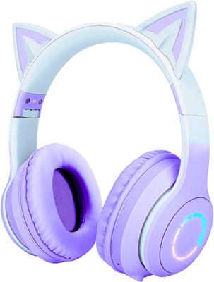 DAEMON Kids Foldable Headset with Microphone, Girls/Boys Cat Bluetooth Headphone Bluetooth & Wired(Purple White, On the Ear)