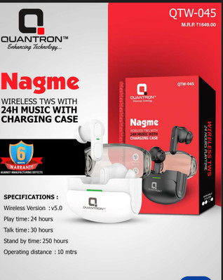Quantron QTW -045 NAGME WIRLESS TWS WITH 24H MUSIC WITH CHARGING CASE EARBUDS. Bluetooth without Mic(WHITE AND BLACK, In the Ear)