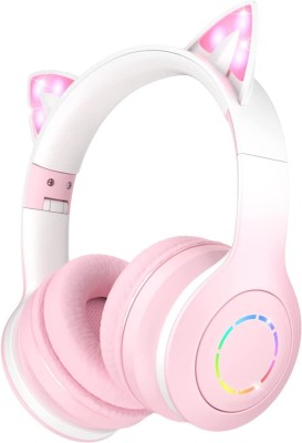DAEMON Cat Kids Bluetooth Headphones for Girls ,Foldable Headset with Microphone Bluetooth & Wired Headset(Pink Gradient, On the Ear)