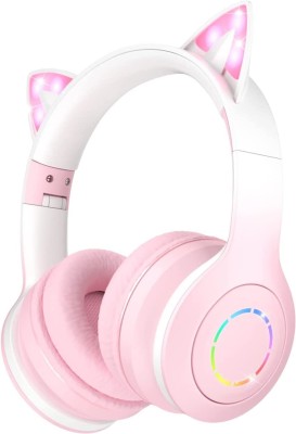 DAEMON Cat Kids Bluetooth Headphones for Girls ,Foldable Headset with Microphone Bluetooth & Wired(Pink Gradient, On the Ear)