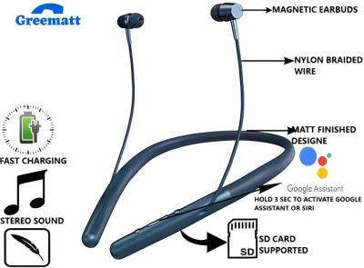 GREE MATT 40 Hrs Battery Backup,Warerproof,Bluetooth Neckband with Mic and Extra Bass M33 Bluetooth Headset(Blue, In the Ear)