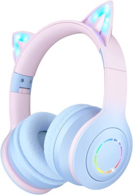 DAEMON Cat Kids Bluetooth Headphones for Girls ,Foldable Headset with Microphone Bluetooth & Wired Headset(Pink Blue Gradient, On the Ear)