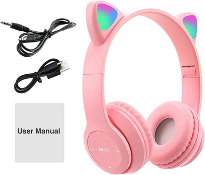 RENTOOR Wireless Headset with Microphone For Girls/Boys Cat Headphone Bluetooth(Pink, On the Ear)