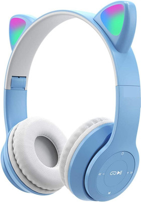 RENTOOR Cat Ear Headphones Noise Cancelling with 3.5mm Jack Bluetooth(Blue, On the Ear)