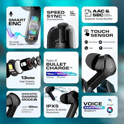 NICK JONES Active Noise Cancellation TWS, Quad Mic Tru Talk ENC Calls Bluetooth(Black, In the Ear)