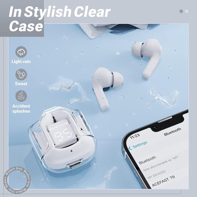 VDTECH Crystal Wireless Earbuds, Transparent Charging Case and LED Digital Display Bluetooth(White, True Wireless)