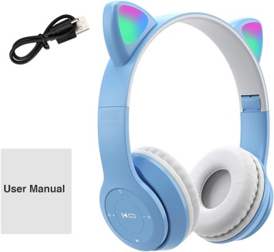 Techpunch Best Quality Cat Headphones Foldable Headset with Microphone Bluetooth(Blue, On the Ear)