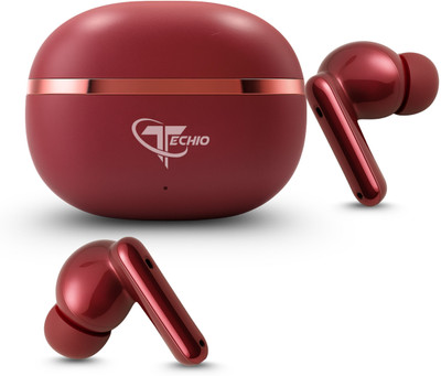 TECHIO PocketPods Mini Compact Wireless Earbuds with Deep Bass & Clear Calls Bluetooth(Red, True Wireless)
