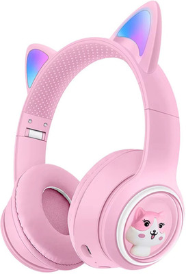 Tlismi 5.3 Bluetooth Wireless LED Light Cute Cat Ear Headphones with Microphone Bluetooth & Wired(Pink, On the Ear)