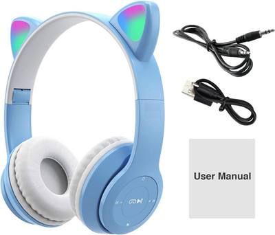 RENTOOR Cat Ear Headphones Wireless Noise Cancelling with 3.5mm Jack Bluetooth(Blue, On the Ear)