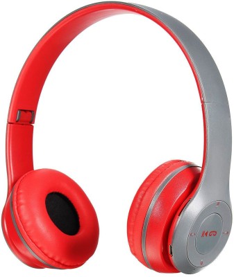 Worricow High Quality 3D Bass Wireless Headphones On-Ear with Mic, SD Card Support Bluetooth Headset(Red, On the Ear)