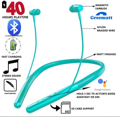 GREE MATT 40 Hrs Battery Backup,Warerproof,Bluetooth Neckband with Mic and Extra Bass M65 Bluetooth Headset(Green, In the Ear)