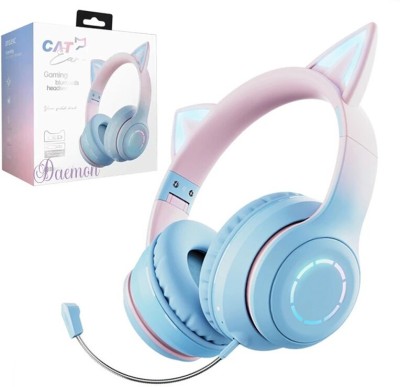 DAEMON Cat Kids Bluetooth Headphones for Girls ,Foldable Headset with Microphone Bluetooth & Wired(Rose Pink Blue, On the Ear)