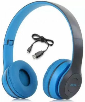 RECTITUDE P47 Headphone with Mic HD Bass, SD Card Slot Portable Sports Bluetooth Headset Bluetooth & Wired Headset(Blue, True Wireless)
