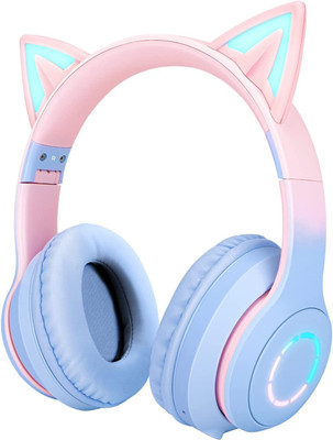 DAEMON Kids Foldable Headset with Microphone, Girls/Boys Cat Bluetooth Headphone Bluetooth & Wired(Pink Blue, On the Ear)