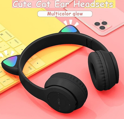 G2L New Premium LED Cat Headphones 5.0 Bluetooth Kids/Girl 3.5mm With Mic Bluetooth(Black, On the Ear)