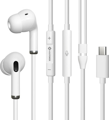 MAK POWER Type-C Wired Earphone, Premium HD Audio, 120 cm Tangle-Free Cable, in-Line Mic Wired(White, In the Ear)