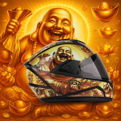 Agx Laughing Buddha 3D Decal with Unbreakable PC Visor ABS Material Unisex Motorbike Helmet(Multicolor)