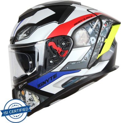 IGNYTE IGN-4 Machine ISI/DOT Certified Double Visor Full Face Graphic Helmet Motorbike Helmet(Matt White Blue with Anti Fog Clear Visor)