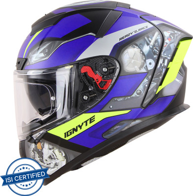 IGNYTE IGN-4 Machine ISI/DOT Certified Double Visor Full Face Graphic Helmet Motorbike Helmet(Matt Blue Neon with Anti Fog Clear Visor)