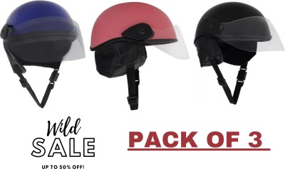 Anjana MULTIPURPOSE HALF HELMETS MIX COLOUR FOR CYCLING AND SCOOTY (BK..BLUE..PINK) Motorbike Helmet(Black, Pink, Blue)