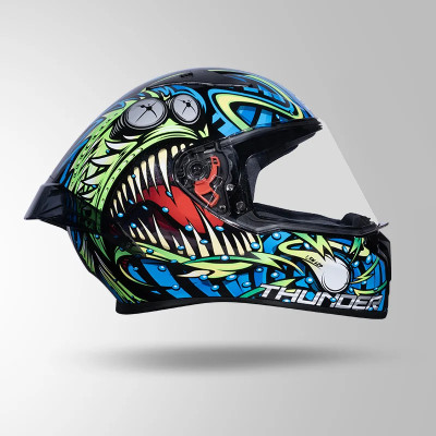 STUDDS Thunder Full Face D12 Black Blue N3 Green 600 MM Size XL With Spoiler Motorbike Helmet(Glossy)