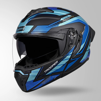 STUDDS Trooper D4 isi & Dot Certified Flip-up Full Face Large with Dual Visor Motorbike Helmet(Matt Black N1 Blue)