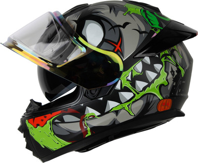 IGNYTE IGN-8 Pumpkin ISI/DOT Certified Full Face Graphic Helmet with Inner Sun Shield Motorbike Helmet(Matt Black Grey with Smoke Spoiler)