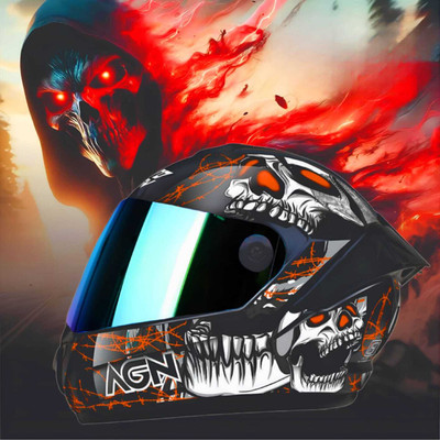 Agx Autogreen Speed Skull ABS Material with Rainbow Visor Motorbike Helmet(Orange)