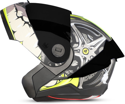 Steelbird A-8 Crazy Wheel ISI Certified Flip-Up Helmet for Men and Women Motorbike Helmet(Matt Black Neon with Smoke Visor)
