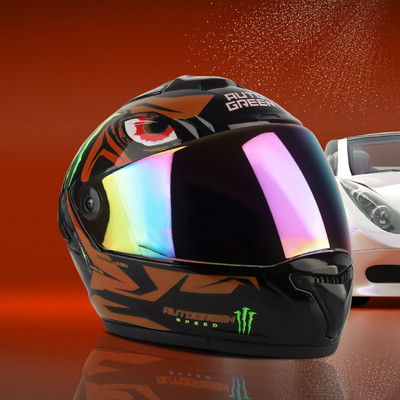 FOROLY Auto Green Speed Monster ABS Material with Rainbow visor Motorbike Helmet(Orange)