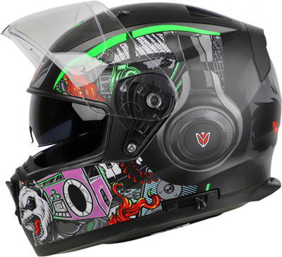 IGNYTE IGN-7 BUG ECE 22.06/ISI/DOT Certified Full Face Graphic Helmet with Sun Shield Motorbike Helmet(Matt Black Green with Anti Fog Clear Visor)