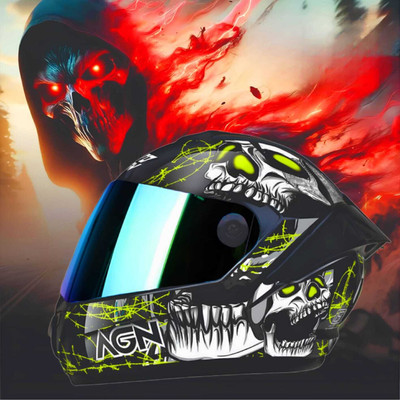 FOROLY Auto Green speed Skull ABS Material Spoiler with Rainbow visor Motorbike Helmet(Green)