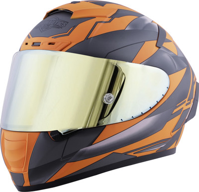 Steelbird SA-2 Metallic ISI Certified Full Face Graphic Helmet Motorbike Helmet(Glossy Fluo Orange Grey with Gold Visor)