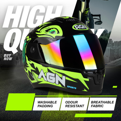 FOROLY AGN Monster Fullface ABS Material with Rainbow Visor Unisex Motorbike Helmet(Green)