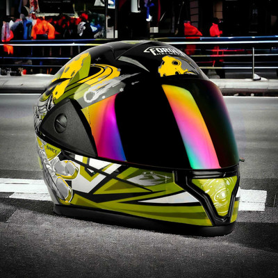 FOROLY Rado Mars Full Face ABS Material with Rainbow visor Motorbike Helmet(Neon)