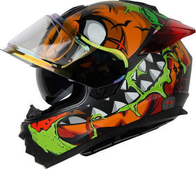 IGNYTE IGN-8 Pumpkin ISI/DOT Certified Full Face Graphic Helmet with Inner Sun Shield Motorbike Helmet(Glossy Black Orange with Red)