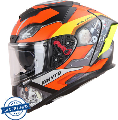 IGNYTE IGN-4 Machine ISI/DOT Certified Double Visor Full Face Graphic Helmet Motorbike Helmet(Glossy Orange Grey with Anti Fog Clear Visor)